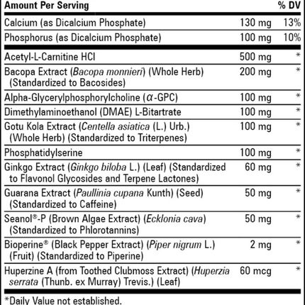 Progressive Labs Memories With Seanol-P 90 vcaps Supplement Facts 