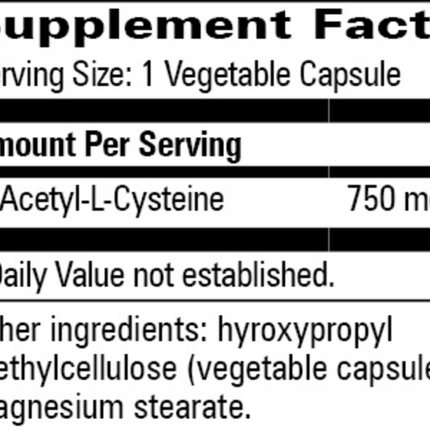 Progressive Labs N-Acetyl-L-Cysteine 120 vegcaps Supplement Facts 