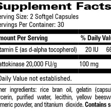 Progressive Labs Nattokinase with Vitamin E 60 gels Supplement Facts 