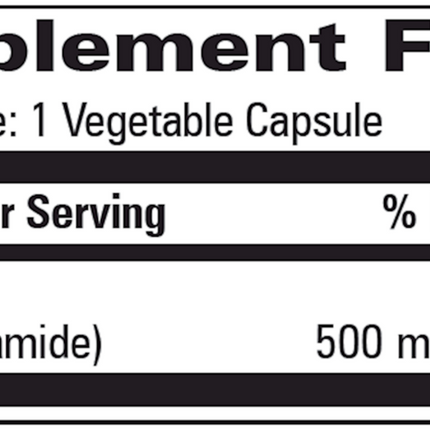 Progressive Labs	Niacinamide 500 60 vegetable caps Suppleemnt Facts 