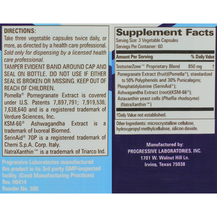 Progressive Labs	TestosterZone 180 vegetable caps Supplement Facts 