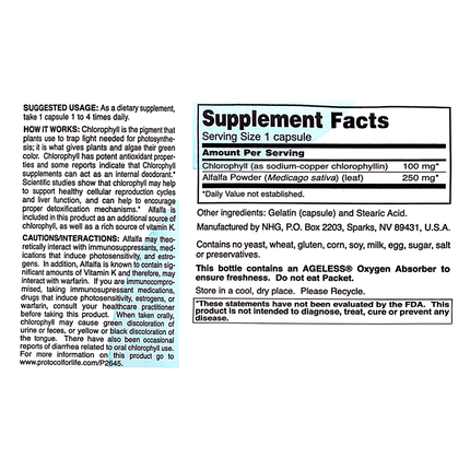 Protocol for Life Balance Chlorophyll 100 mg 90 caps Supplement Facts