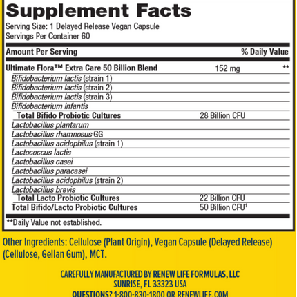 Renew Life Ultimate Flora Extra Care 50B 60 vegcaps Supplement Facts 