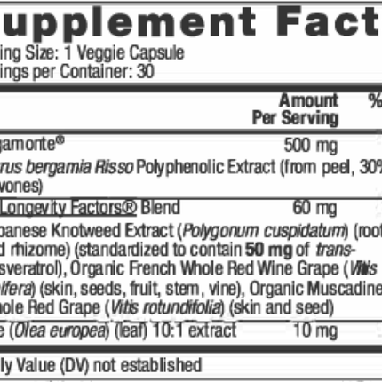 Reserveage Bergamot Cholesterol Support 30 caps Supplement Facts