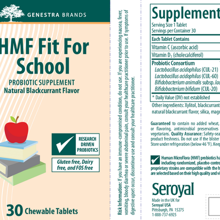 Seroyal/Genestra HMF Fit For School 30 tabs Supplement Facts