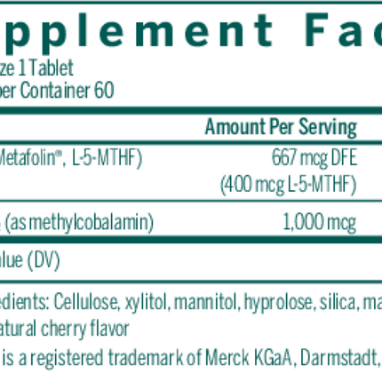 Seroyal/Genestra Active Chew B12 with L-Methylfolate 60 tabs Supplement Facts 