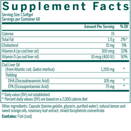 Seroyal/Genestra Cod Liver Oil DHA/EPA Forte 60 softgels Supplement Facts 