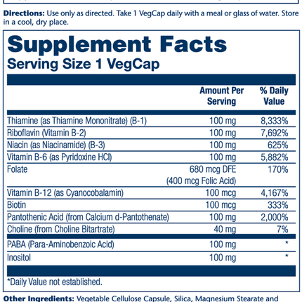 Solaray Vitamin B-Complex 100 100 vegcaps Suppleemnt Facts 