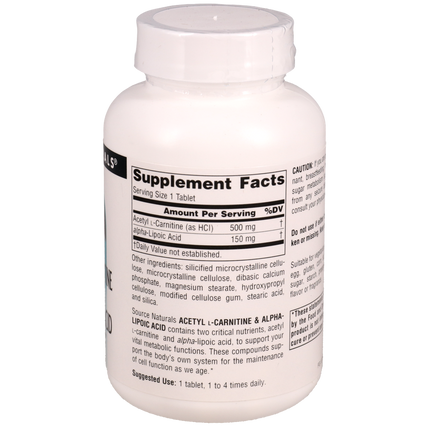 Source Naturals Acetyl L-Carnitine-Alpha Lip Acid 60 tab Supplement Facts