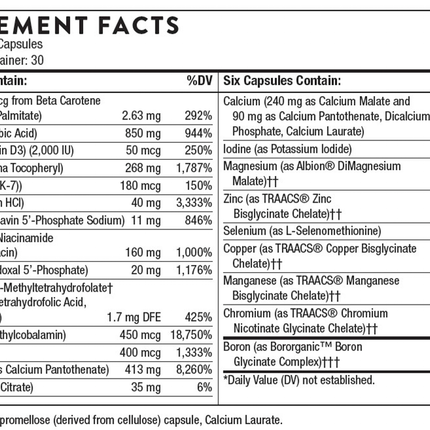 Thorne Research Women's Multi 50+ without CU FE 180 caps Supplement Facts 