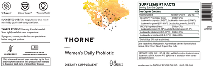 Thorne Women's Daily Probiotic 30 caps Supplement Facts