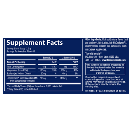 Trace Minerals Research ConcenTrace Daily Mineral Powder - Blue Acai 132 grams Supplement Facts