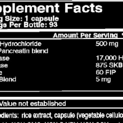 US Enzymes HCL-xym 93 caps Supplement Facts