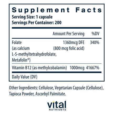 Vital Nutrients B-12/Methyl Folate 200 vegcaps Supplement Facts