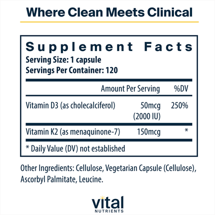 Vital Nutrients K2-7 + D3 120 vegcaps Supplement Facts