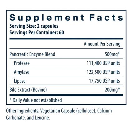 Vital Nutrients Pancreatin & Ox Bile Extract 120 caps Supplement Facts