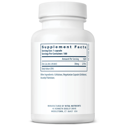 Vital Nutrients Zinc (Citrate) 30mg 90c 180 caps Supplement Facts