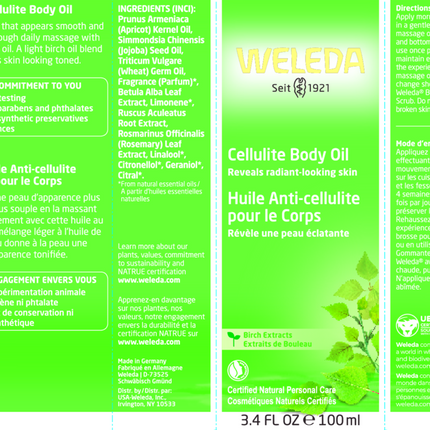 Weleda Body Care Birch Cellulite Oil 3.4 oz Supplement Facts 