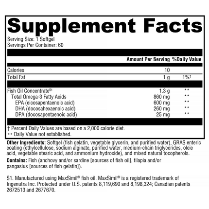 Xymogen Omega MonoPure 1300 EC 60 sg Supplement Facts