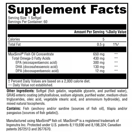 Xymogen Omega MonoPure  650 EC 60 sg Supplement Facts
