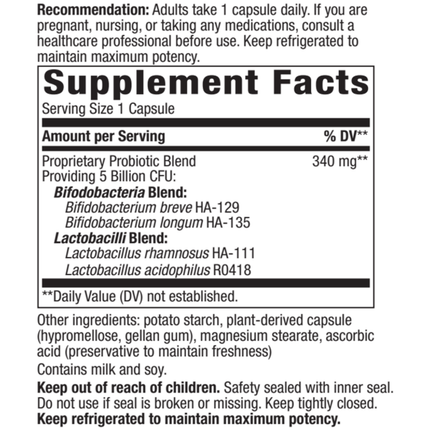 Nature's Way Primadophilus Bifidus 90 vcaps Supplement Facts 
