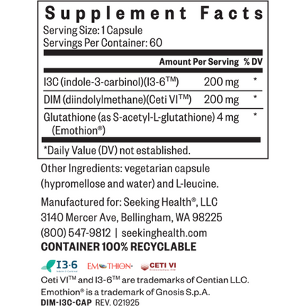 Seeking Health DIM + I3C 60 Capsules Supplement Facts