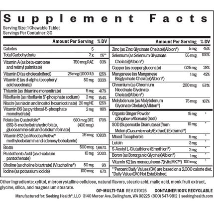 Seeking Health Optimal Multivitamin Chewable 60 Tablets Supplement Facts 