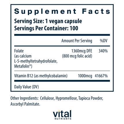 Vital Nutrients B-12 / Methyl Folate 100 vegcaps Supplement Facts
