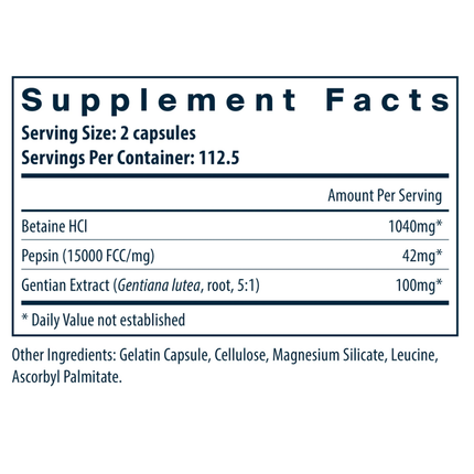 Vital Nutrients Betaine HCL w/Pepsin & Gentian 225 caps Supplement-Facts