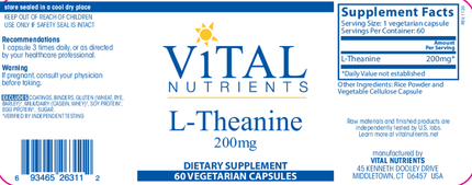 Vital Nutrients L-Theanine 200 mg 60 caps Supplement Facts 