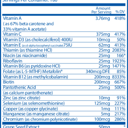 Vital Nutrients Minimal and Essential 180 caps Supplement Facts 