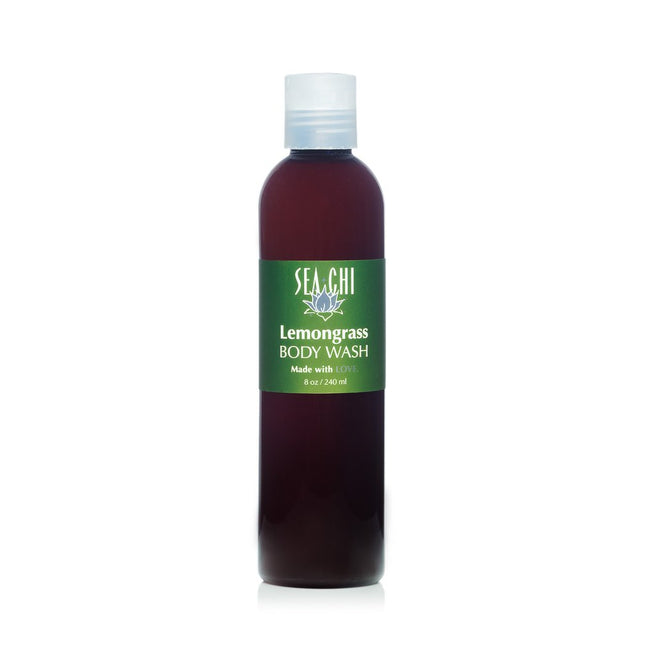 Sea Chi Organics Lemongrass Body Wash 240ml / 8oz Amber plastic bottle w/ white flip cap
