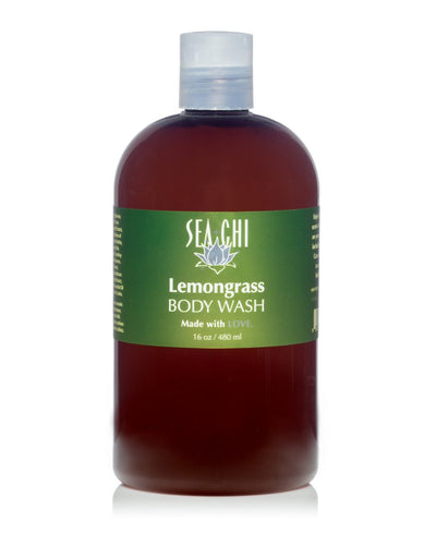 Sea Chi Organics Lemongrass Body Wash 480ml / 16oz Amber plastic bottle w/ white flip cap