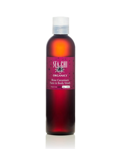Sea Chi Organics Rose Geranium Face & Body Wash 240ml / 8oz Amber plastic bottle w/ white flip cap
