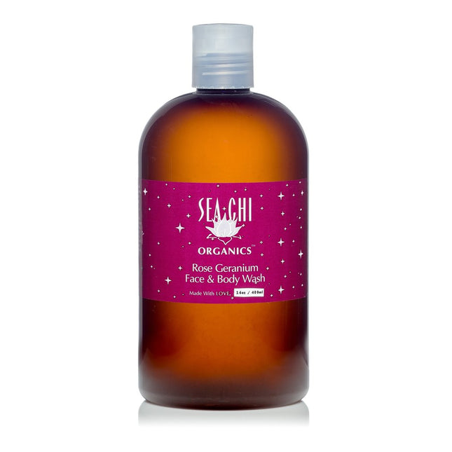 Sea Chi Organics Rose Geranium Face & Body Wash 480ml / 16oz Amberplastic bottle w/ white flip cap
