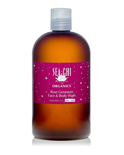 Sea Chi Organics Rose Geranium Face & Body Wash 480ml / 16oz Amberplastic bottle w/ white flip cap